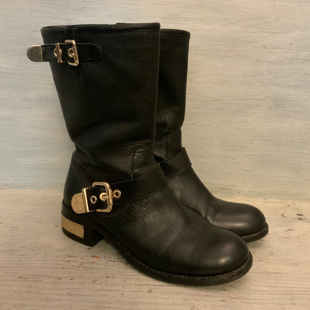 Vince Camuto Black Leather Mid Calf Heeled Moto Boots Size 7.5 GC